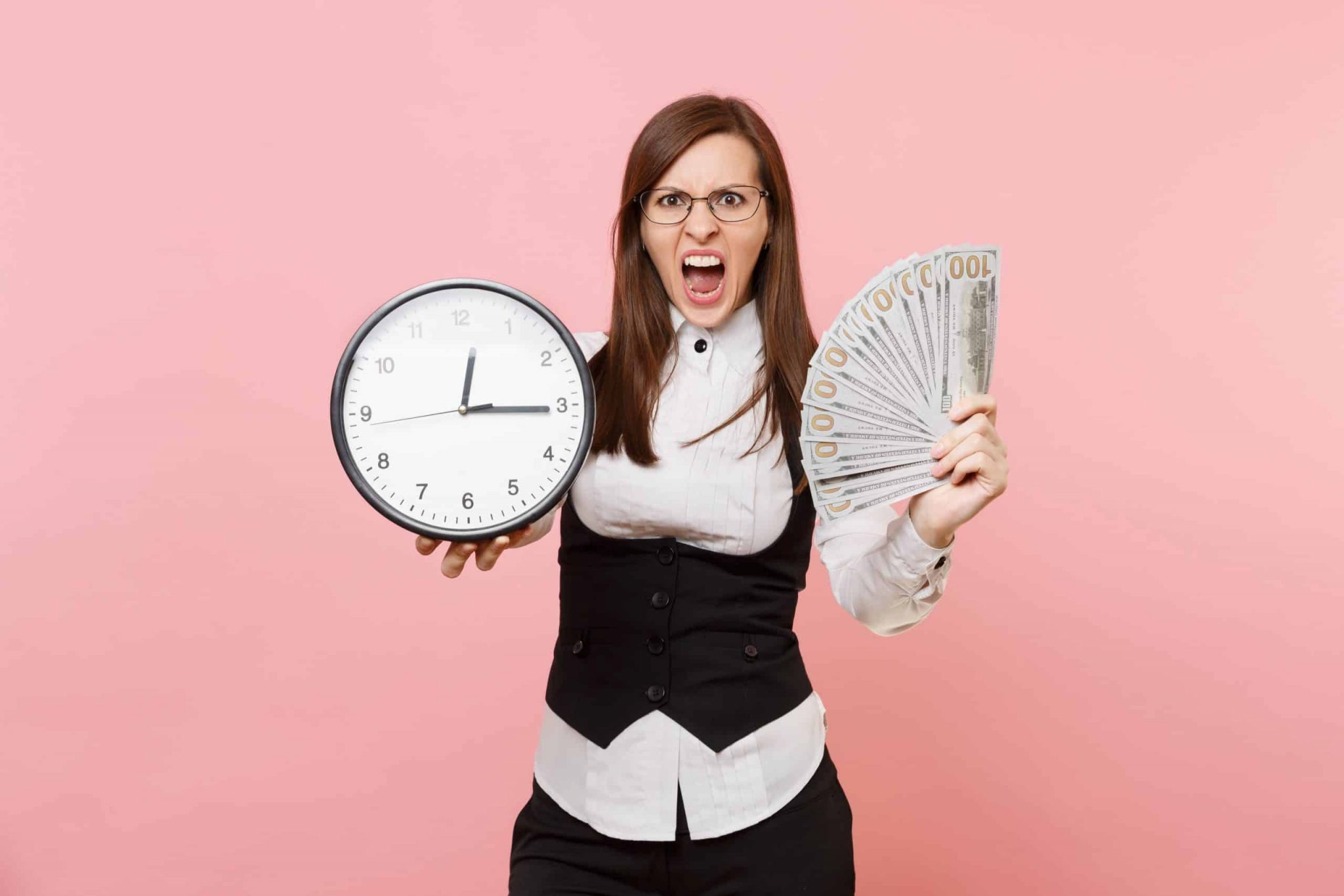 young irritated business woman glasses scream hold bundle lots dollars cash money alarm clock isolated pink background lady boss achievement career wealth copy space advertisement min